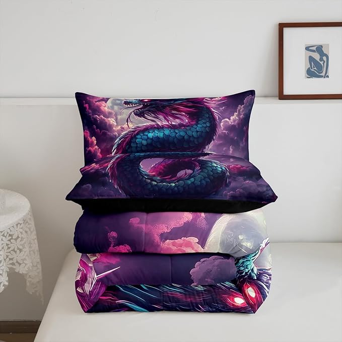 Mystery Dragon Comforter Set for Kids Adults,Exotic Moon Vintage Dragon Chinese Style Bedding Comforter Sets King,3D Wildlife Watercolor Cloud Quilt Comforter with 2 Pillowcases