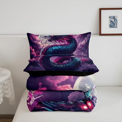 Mystery Dragon Comforter Set for Kids Adults,Exotic Moon Vintage Dragon Chinese Style Bedding Comforter Sets Toddler,3D Wildlife Watercolor Cloud Quilt Comforter with 1 Pillowcase