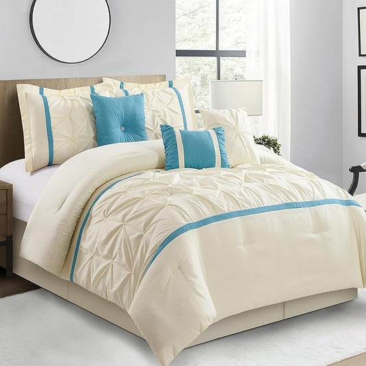 Beige Blue Comforter Set, King, 7 Piece Bed in a Bag, Microfiber Handcrafted Pintucking, All Season Bedding Set with Comforter, Bedskirt, Pillow Shams and Decro Pillows