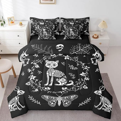 Cartoon Cat Comforter Sets in a Bag 7 Pcs,Gothic Moth Butterfly Boho Flowers Bedding Set,Exotic Animals Skull Double-Sided Print Bed Sets in a Bag with Comforter,Sheets and Pillow Cases,Twin
