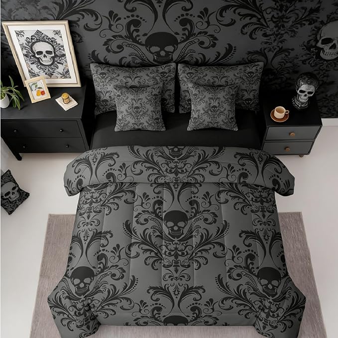 Erosebridal Gothic Damask Bed in a Bag Queen Comforter Set 7 Piece,Sugar Skull Bedding Sets Black Grey Victorian Floral Goth Sheet Set with Comforter