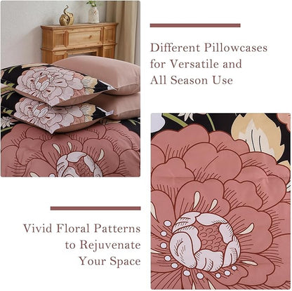 DJY 7 Pieces Black Floral Comforter Set King Size Blush Pink Botanical Bed in a Bag, Soft Microfiber Boho Farmhouse Bedding Floral Comforter with Sheets Set for All Season (104''x90'')