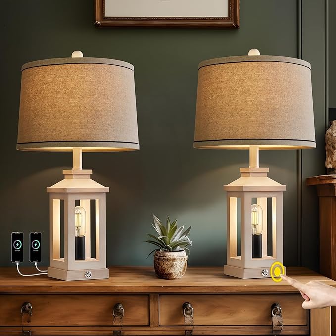 23.75" Retro Farmhouse USB C+A Ports Table Lamp Set of 2 with 3 Way Dimmable Touch Control White Nightlight Vintage Modern Lamp for Living Room Bedroom with 2 Light Sources