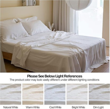 Simple&Opulence Belgian Linen Sheet Set Solid Color - 6 Pieces (1 Flat Sheet & 1 Fitted Sheet & 4 Pillowcases) 16" Deep Pocket Natural Flax Cotton Blended Soft Bedding - White, King Size