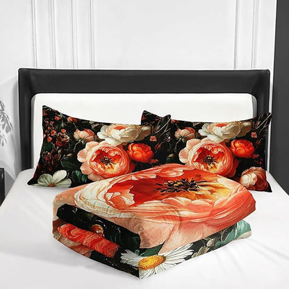 Colorful Flower Comforter Set Full Size 3 PCS Bed in a Bag,Cute Floral Bedding Set for Girls Teens,Ultra Soft Microfiber Comforter Bed Set with 3-Pieces, Floral Bedroom Decor