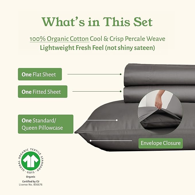 California Design Den Extra Long Twin Sheets Set - Soft 100% Organic Cotton, Crisp Percale, Twin XL Sheet Sets with Deep Pockets, Crisp, Breathable & Durable Bedding, Dorm Essentials for Guys - Grey