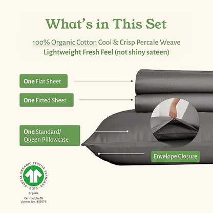 California Design Den Extra Long Twin Sheets Set - Soft 100% Organic Cotton, Crisp Percale, Twin XL Sheet Sets with Deep Pockets, Crisp, Breathable & Durable Bedding, Dorm Essentials for Guys - Grey