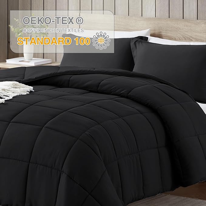 satisomnia Oversized Queen Comforter Set, Black Bedding Comforters Oversized Queen, 3 Pieces Down Alternative Bed Comforter Lightweight, Soft Bed Set Breathable Solid Black All Season Bedding Sets