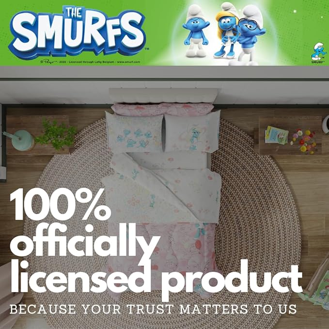 The Smurfs Smurfette Full Bedding Set – 7 Piece Kids Super Soft Microfiber Reversible Comforter & Sheet Set - Pink, (Officially Licensed Product) by Franco