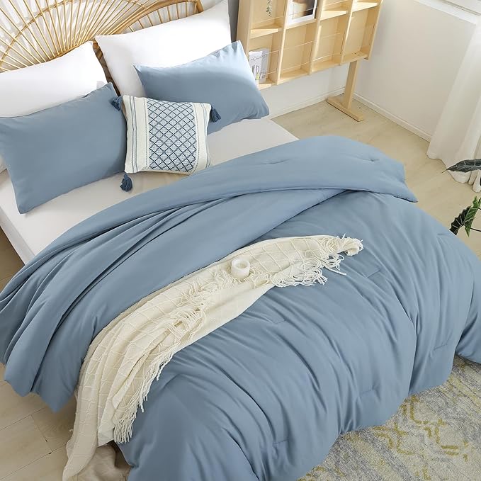 weigelia Dusty Blue Comforter Queen Size 3PCS Bed Comforter with 2 Pillowcases - Ligtweight Soft Solid Blue All Season Queen Comforter Bed Set - Boho Aesthetic Bedding Set for Men and Women
