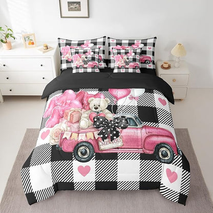 Feelyou Girls Like Cartoon Cute 7 Piece Bedding Set Full Size Me&You Love Car Comforter Set with Sheets for Boys Girls Adult Cute Bear Bed in a Bag Women Men Pink Balloon Bed Set