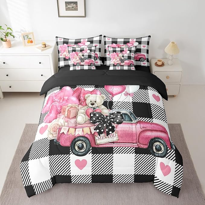 Feelyou Girls Like Cartoon Cute 7 Piece Bedding Set Queen Size Me&You Love Car Comforter Set with Sheets for Boys Girls Adult Cute Bear Bed in a Bag Women Men Pink Balloon Bed Set