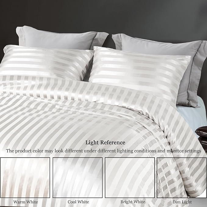 Whale Flotilla 3-Piece Reversible Silky Soft Queen Comforter Set, Luxury Stripe Satin Comforters Full Size Bedding Set with 2 Satin Pillowcases, Lightweight Duvet for All Seasons, White