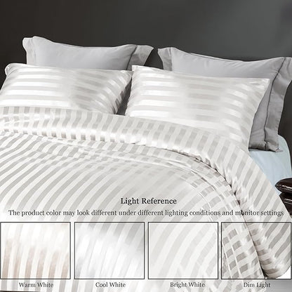 Whale Flotilla 2-Piece Reversible Silky Soft Twin Size Comforter Set, Luxury Stripe Satin Comforter Bedding Set with Satin Pillowcase, Lightweight Duvet for All Seasons, White