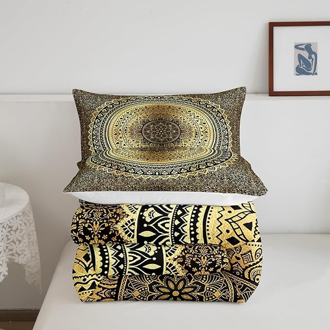 Hippie Mandala Comforter Set Twin Size for Boys Kids Gold Mandala Room Decor Psychedelic Comforter Teens Bedroom Indian Boho Bedding Set All Season 1 Comforter with 1 Pillow Case,Lightweight Warm Soft
