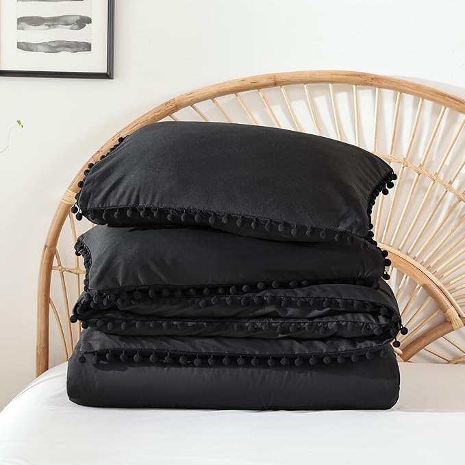 YIRDDEO Queen Comforter Set - Comforter Queen Size Sets with Ball Pom Fringe, Soft Bedding Set for All Seasons - 3 Pieces, 1 Comforter (90"x90") & 2 Pillow Shams (20"x26"), Black