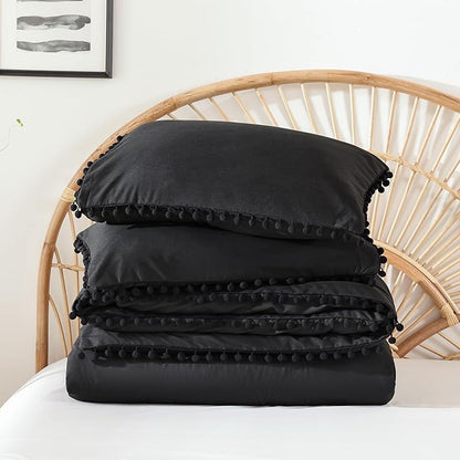 YIRDDEO Full Size Comforter Sets - Full Size Comforter with Ball Pom Fringe, Soft Bedding Set for All Seasons - 3 Pieces, 1 Comforter (79"x90") & 2 Pillow Shams(20"x26"), Black