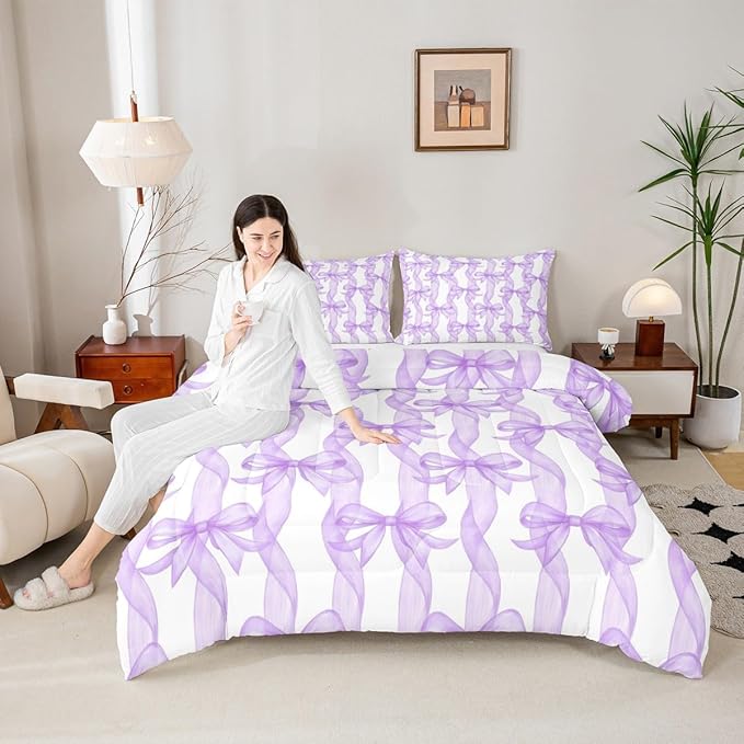 Bow Ribbon Bedding Sets King Size,Purple Bowknot Stripes Girl Comforter Set 3Pcs for Kids Woman Youth Room Decor,Girly Butterfly Tie Quilted Duvet Dreamy Princess Style Down Comforter,2 Pillowcases
