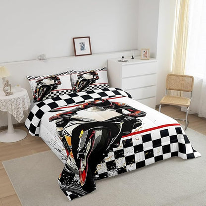 Feelyou Dirt Bike Comforter Set Queen Size Racing Motocross Rider Comforter for Boys Girls Teens Extreme Sports Bedding Set Flag Duvet Set Room Decor Off White Quilt Set