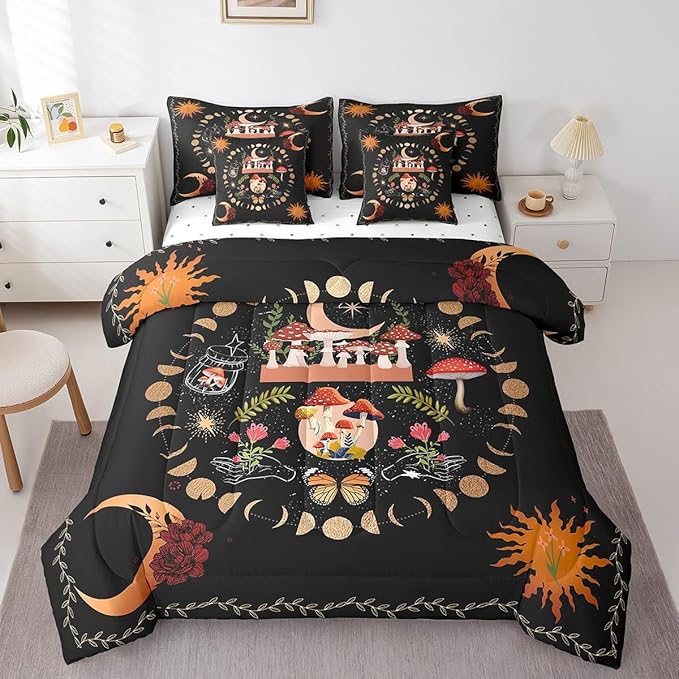 Feelyou Sun Moon Bedding Bed in a Bag with Comforter, Boho Exotic Mushroom Bedding Set with Comforter, Bohemian Comforter for Women Men Floral King Size 7Pcs Room Decor