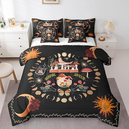 Feelyou Sun Moon Bedding Bed in a Bag with Comforter, Boho Exotic Mushroom Bedding Set with Comforter, Bohemian Comforter for Women Men Floral Full Size 7Pcs Room Decor
