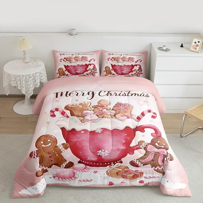 Gingerbread Men Comforter Set Twin Size,Candy Coffee Bedding Sets 2Pcs for Kids Girls Boys Women Room Decor,Pink Bowknot Duvet Insert Pink Christmas Down Comforter,1 Pillowcase