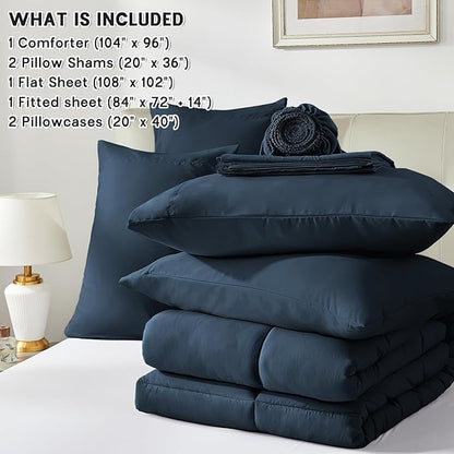 Anluoer California King Size Bed in a Bag 7 Pieces,Navy Blue Cal King Comforter Set with Sheets,All Season Bedding Sets with Comforter,Pillow Shams,Pillowcases,Flat Sheet,Fitted Sheet