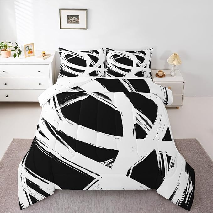 Erosebridal White and Black Abstarct Toddler Bedding Set,Aesthetic Geometric Comforter Set for Minimalists,Graffiti Stripes Lines Quilt,Contemporary Boho Modern Art Duvet Insert for Minimalism