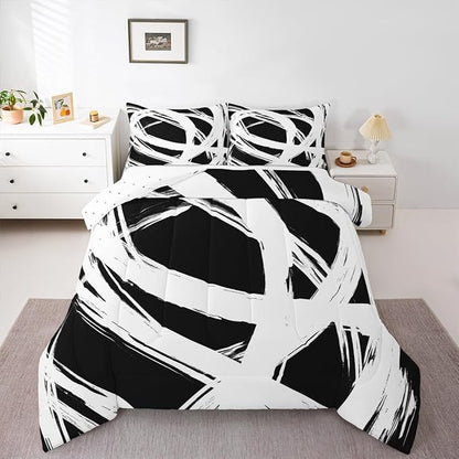 White and Black Abstarct Comforter Set Twin Size for Kids Boys Girs,Graffiti Stripes Lines Bedding Set,Aesthetic Geometric Duvet Insert for Minimalists,Contemporary Boho Modern Art Quilt