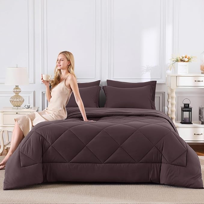 CozyLux Full Size Comforter Sets Cocoa Powder - 7 Pieces Bed in a Bag Full, Luxury Soft Bed Set for All Seasons, Bedding Set with Down Alternative Comforter, Sheets, Pillowcases & Shams