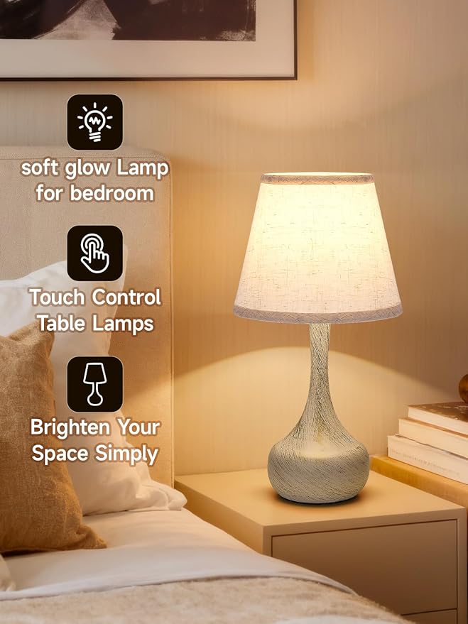 3-Way Dimmable Touch Table Lamps for Nightstand - Small Bedside Lamps with Fabric Shade in Black, Farmhouse Style Desk Lamp for Bedroom, Kids Room, Living Room, Home Office & Reading (White)