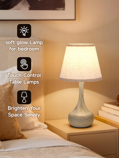 3-Way Dimmable Touch Table Lamps for Nightstand - Small Bedside Lamps with Fabric Shade in Black, Farmhouse Style Desk Lamp for Bedroom, Kids Room, Living Room, Home Office & Reading (White)