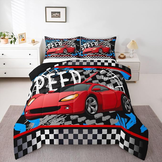 Feelyou Boys Race Car Bedding Set Cool Race Sports Car Set Comforter Set for Kids Boys Sports Theme Duvet Set Checkered Comforter Red 1 Comforter Set with 2 Pillowcases Queen Size