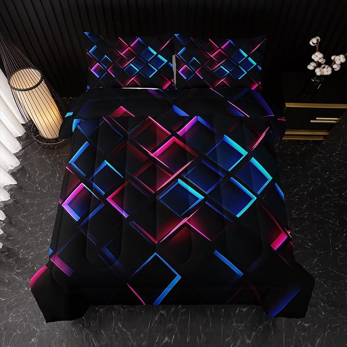 Blue Black Geometric Comforter Set Twin Size 3D Stereoscopic Square Bedding Set Honeycomb Bedding Set 3 Piece Modern Style Geometry Decor,Microfiber LightweightWith 2 Pillowcases