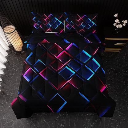 Blue Black Geometric Comforter Set Queen Size 3D Stereoscopic Square Bedding Set Honeycomb Bedding Set 3 Piece Modern Style Geometry Decor,Microfiber LightweightWith 2 Pillowcases