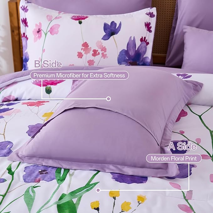 Annibedding Purple King Size Comforter Set, 8 Pieces Soft Microfiber Floral Bed in a Bag Comforter Bed Set with Pillowcase and Sheets for All Season(90"x104")
