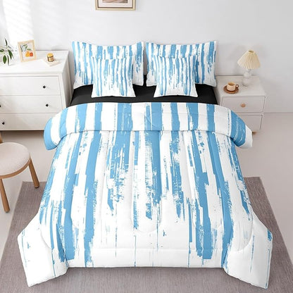 Erosebridal 7Pcs Sky Blue White Ink Painting Watercolor Comforter Set Queen,Abstract Art Aesthetic Striped Bed in A Bag for Adults Men,Boho Modern Graffiti Gradient Geometric Bedding with Bed Sheets