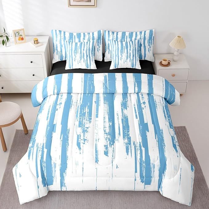 Erosebridal 7Pcs Sky Blue White Ink Painting Watercolor Comforter Set Full,Abstract Art Aesthetic Striped Bed in A Bag for Adults Men,Boho Modern Graffiti Gradient Geometric Bedding with Bed Sheets