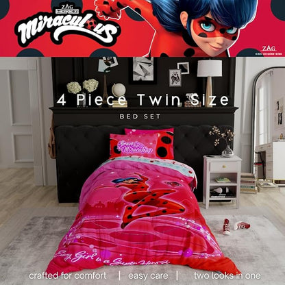 Miraculous: Tales of Ladybug and Cat Noir Kids Bedding Super Soft Comforter and Sheet Set, 5 Piece Full Size, (Officially Licensed Product)