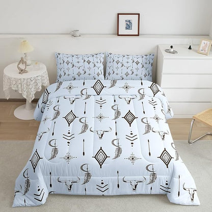 Feelyou Blue Western Bull Skull Comforter Set Boho Ethnic Horns Bedding Set Queen Size for Kids Adult Tribal Symbol Mysterious Aztec Comforter