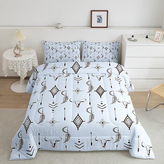 Feelyou Blue Western Bull Skull Comforter Set Boho Ethnic Horns Bedding Set Twin Size for Kids Adult Tribal Symbol Mysterious Aztec Comforter