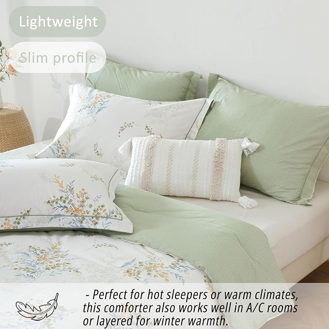 White Cotton Comforter King Size 3Pcs - Blue Branches & Orange and Green Buds on White, Chevron Sage Green Back, Reversible Lightweight Bedding Sets with Soft Fill(King, 104"×90")