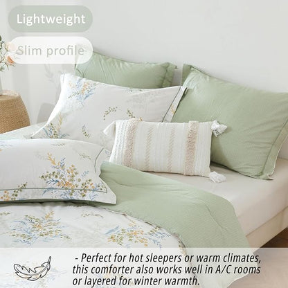 White Cotton Comforter King Size 3Pcs - Blue Branches & Orange and Green Buds on White, Chevron Sage Green Back, Reversible Lightweight Bedding Sets with Soft Fill(King, 104"×90")
