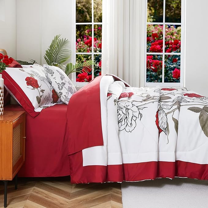 EVENHUG King Size Comforter Set 7 Pieces Red Rose Floral Bedding Sets for All Season Bed in a Bag with Flowers Comforter and Flat Sheet, Fitted Sheet, Pillowcases (104"x90")