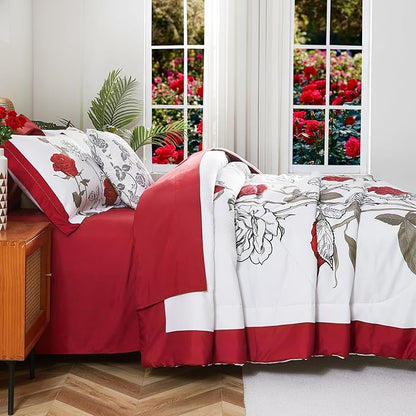 EVENHUG King Size Comforter Set 7 Pieces Red Rose Floral Bedding Sets for All Season Bed in a Bag with Flowers Comforter and Flat Sheet, Fitted Sheet, Pillowcases (104"x90")