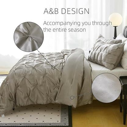 Satin Comforter Set Queen Size, 3-Piece Light Grey Pinch Pleat Bedding Sets, Comforter, Pillowcases, Offering Exceptionally Soft and Smooth Comfort for All Season Use