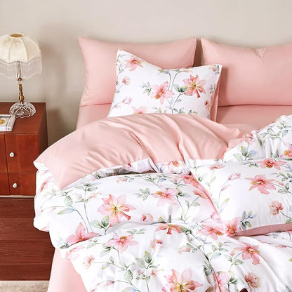 Wake In Cloud - Floral Comforter Set, Cottagecore Cottage Rustic Farmhouse Style with Botanical Flowers and Leaves Pattern, Soft Lightweight Bedding, 3-Piece, Pink White, Full Size
