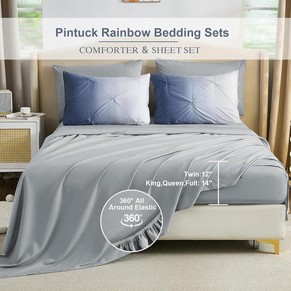 Dinjoy Ombre Comforter Set Twin Size, 5-Piece Bed in a Bag for Kid Teen, Pintuck Colorful Rainbow Bedding Sets with Comforter, Flat Sheet, Fitted Sheet and Pillowcases & Shams, Blue