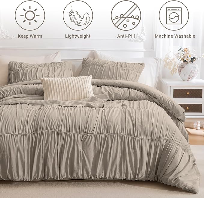Lady Ann Oversized King 120 x 98 Bed Comforter Set- Linen Feel Ruched Boho Comforter Set for Bedroom, 3 Piece Fluffy Bedroom Set with Pillow Shams Ultra Soft All Season Bed Sets for Women Men