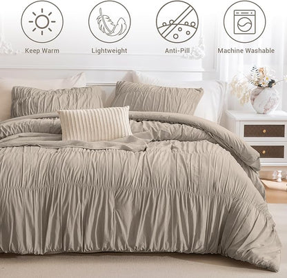 Lady Ann Oversized King 120 x 98 Bed Comforter Set- Linen Feel Ruched Boho Comforter Set for Bedroom, 3 Piece Fluffy Bedroom Set with Pillow Shams Ultra Soft All Season Bed Sets for Women Men